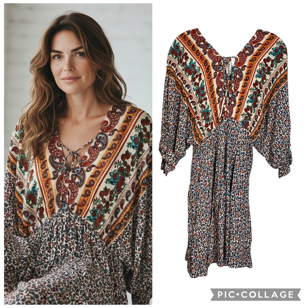 Umgee USA Boho‎ Paisley Floral Print Tunic Dress Short Mini Cottagecore M